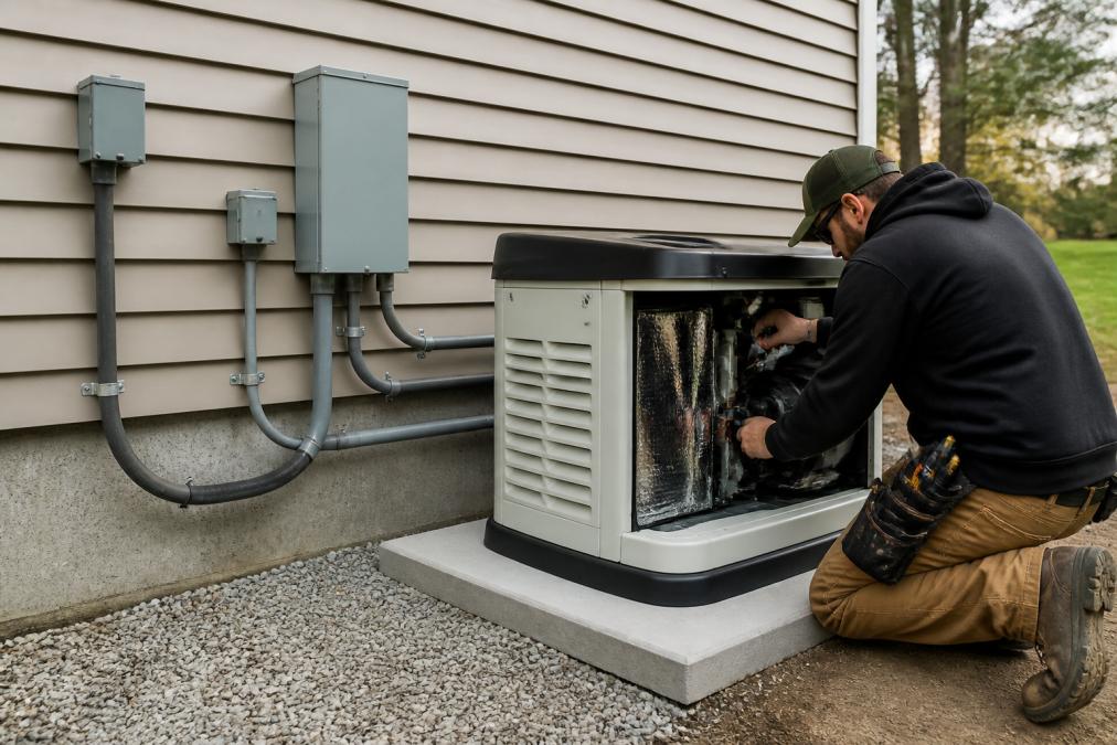 Licensed electrician installing a standby generator unit on a concrete pad foundation beside a residential home, with electrical conduit and wiring visible in daylight