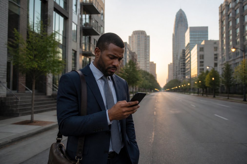 A business traveler in professional attire standing on a quiet Charlotte street at dawn, looking at a smartphone with a frustrated expression, empty road in the background