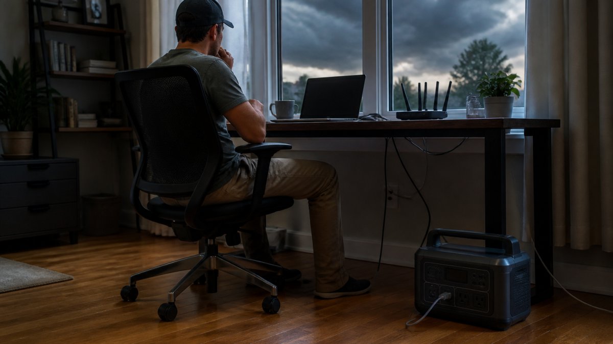 Remote worker using a portable power station for backup power during a storm at their home office desk.