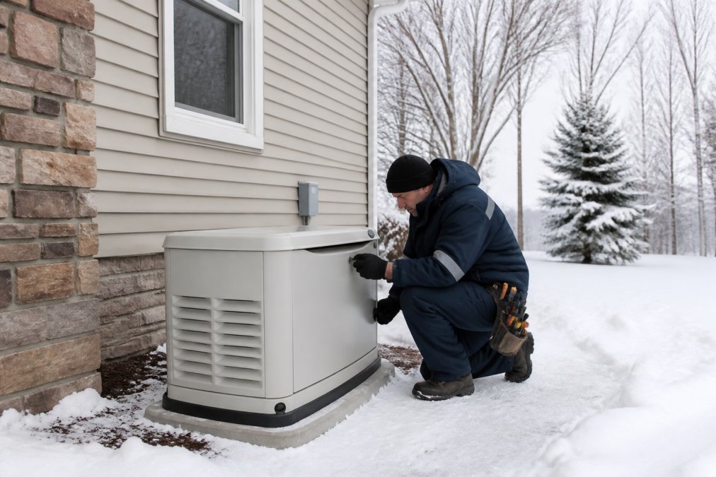 A licensed electrician in a heavy winter coat inspecting a home standby generator next to a house, with snow on the ground and bare trees in the background