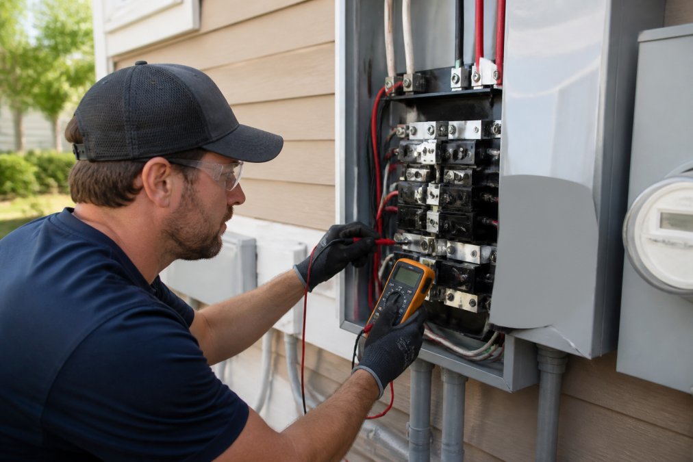 Electrician installing a transfer switch during the backup power system installation timeline process