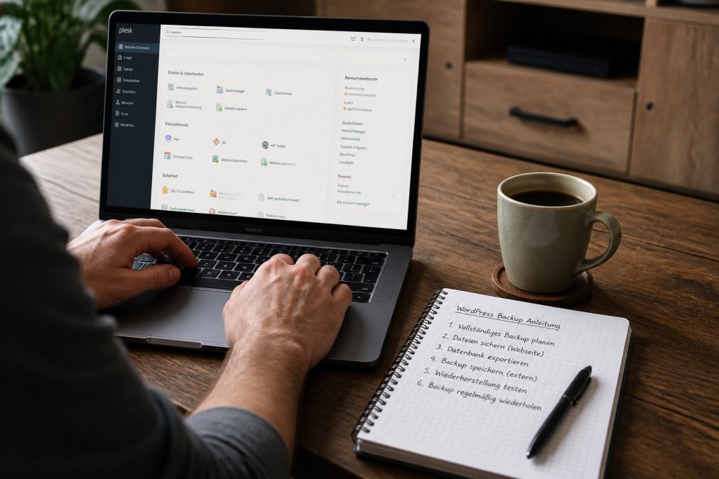 Person am Laptop mit Plesk-Kontrollpanel und Notizen für Backup Strategien bei einer Tasse Kaffee auf dem Holztisch