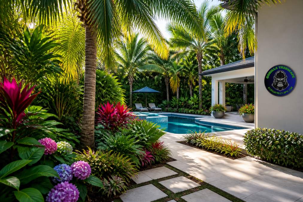 Lush tropical backyard with layered plantings including tall palms, flowering shrubs, and ground covers creating visual depth, bright Miami sunlight filtering through canopy