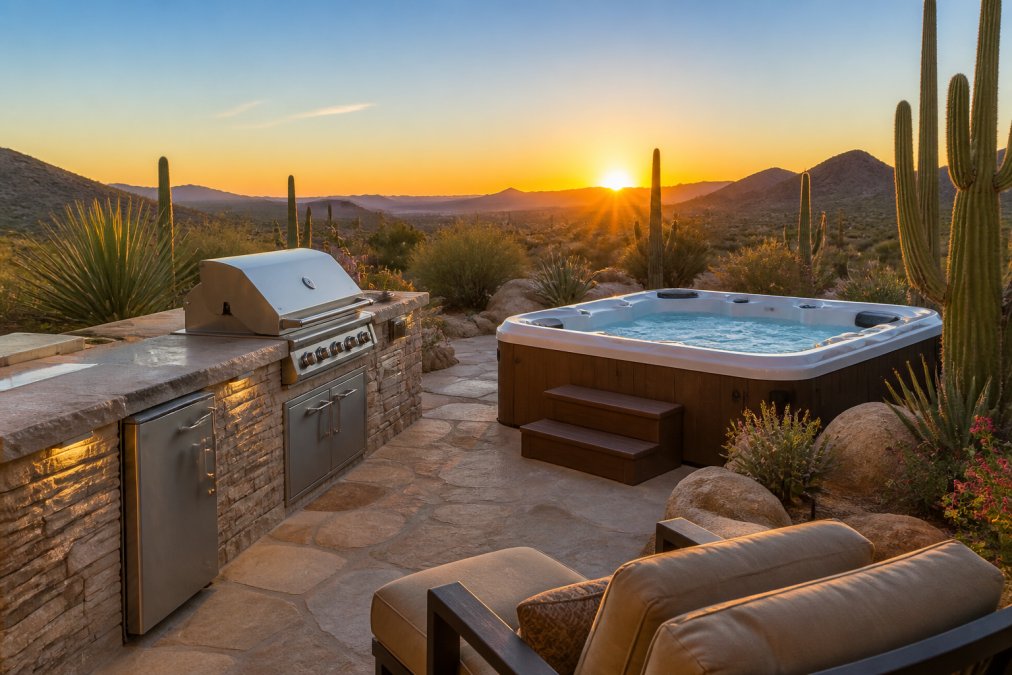 Luxury outdoor kitchen with stone countertops and stainless steel appliances adjacent to a sparkling hot tub surrounded by desert plants, lounge seating, and stone hardscaping during golden hour sunset