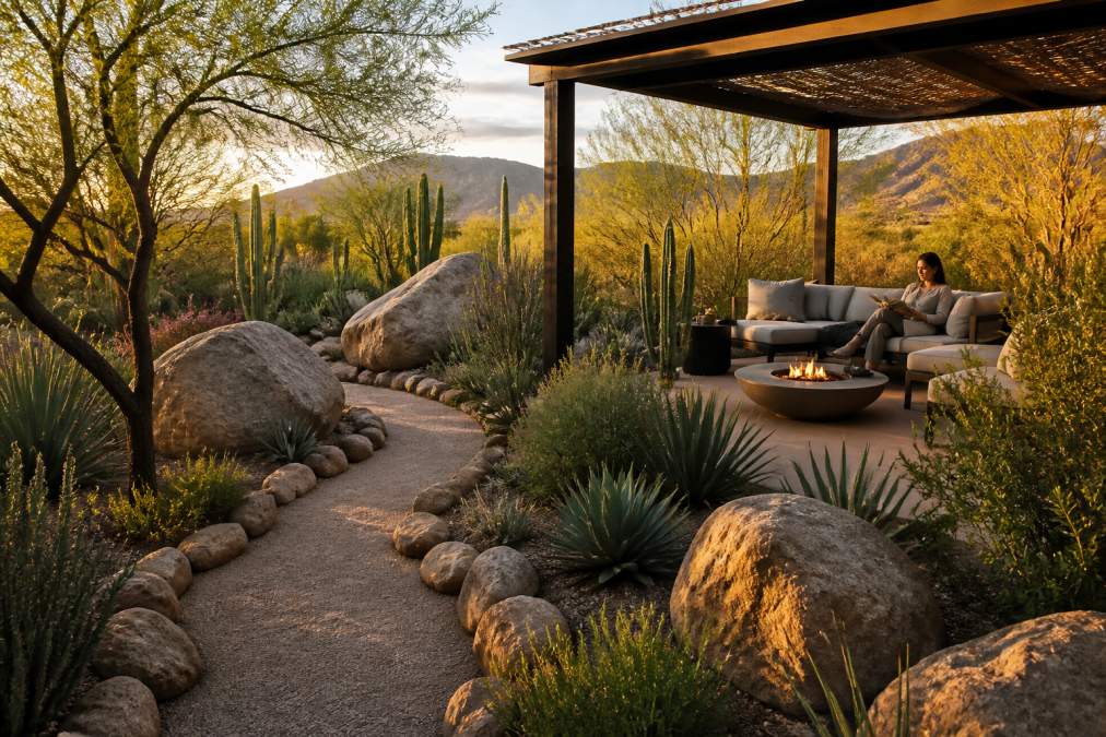 Serene desert garden with winding pathway through native drought-tolerant plants, large boulders creating focal points, shade structures providing shelter, and a person relaxing in an outdoor seating area surrounded by natural stone and warm afternoon light