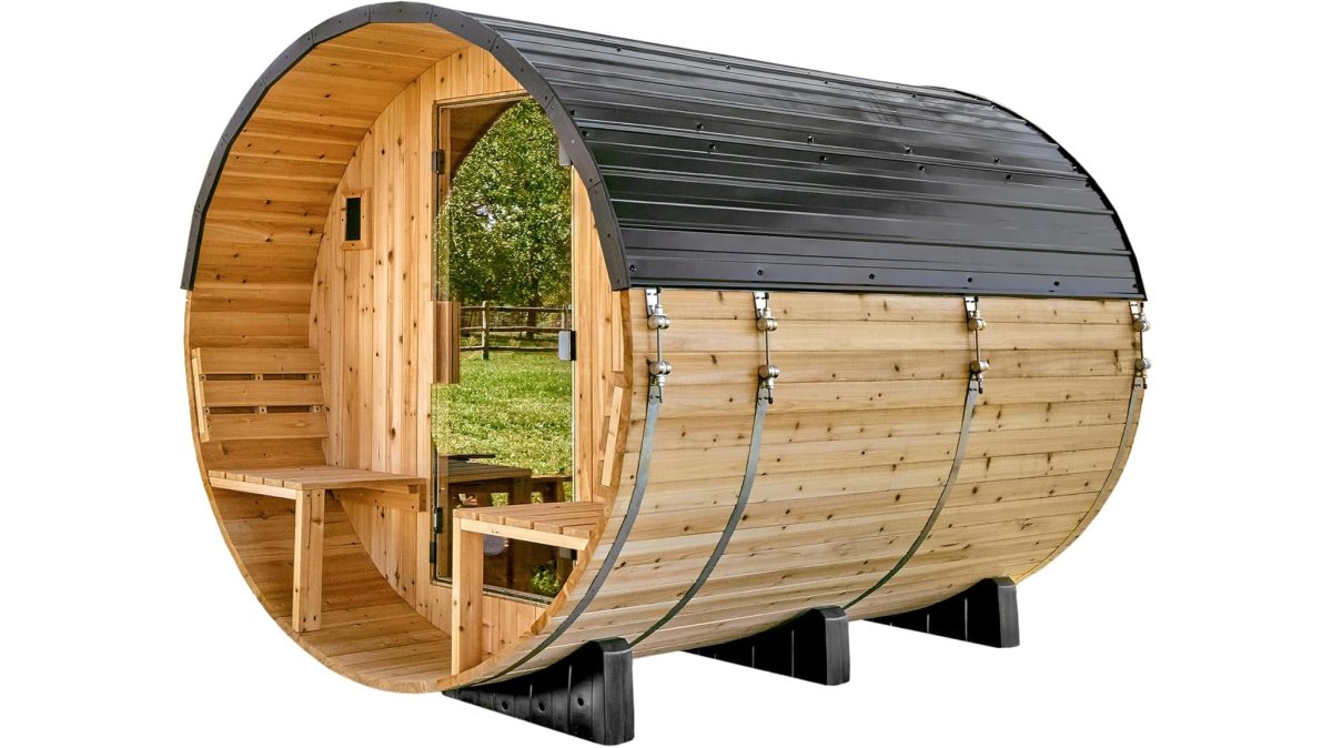 Backyard Discovery Paxton 4-6 Person Traditional Cedar Outdoor Barrel Sauna with Electric Sauna Heater, Front Porch, Sauna Rocks, Dry Heat, Steam Sauna, LED Lights, Wi-Fi Panel, Sauna Accessories