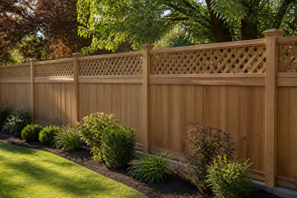 Residential backyard fence designs featuring a decorative lattice top and cap-and-trim detail with a landscaped base