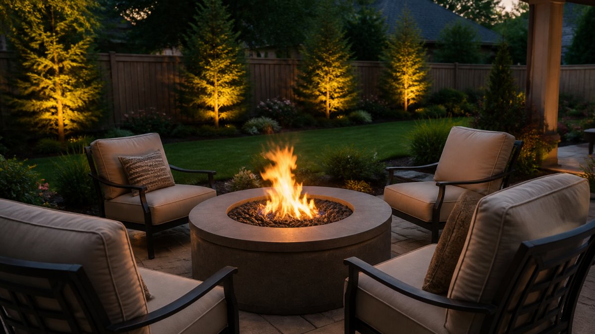 Well-lit backyard at dusk showing a lit fire pit surrounded by comfortable outdoor seating, with visible flames and minimal smoke rising, demonstrating a functional smokeless fire pit design in a residential setting with landscaping