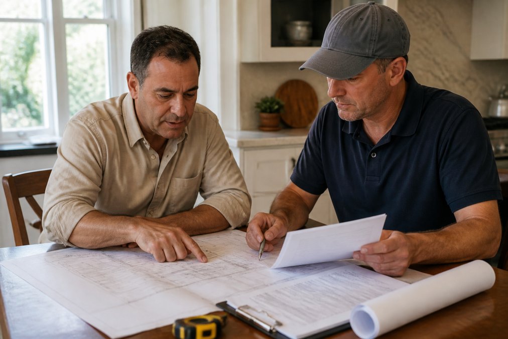 Homeowner and building contractor reviewing site plan and permit application documents at kitchen table with paperwork and measurements visible in natural daylight