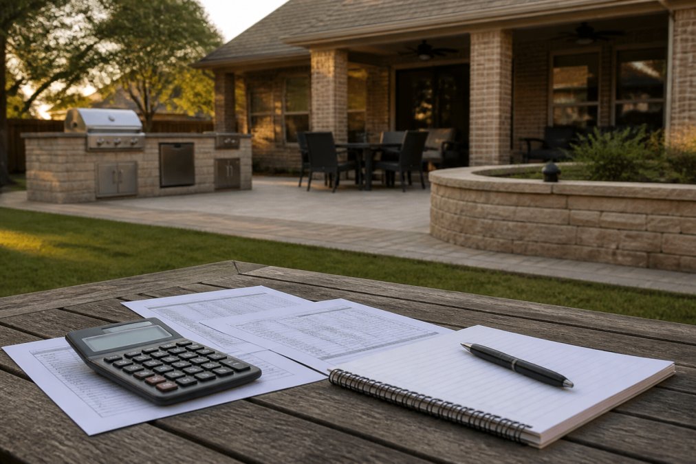 A completed backyard hardscape project featuring a paver patio, outdoor kitchen, and a low retaining wall, viewed from the lawn in late afternoon light