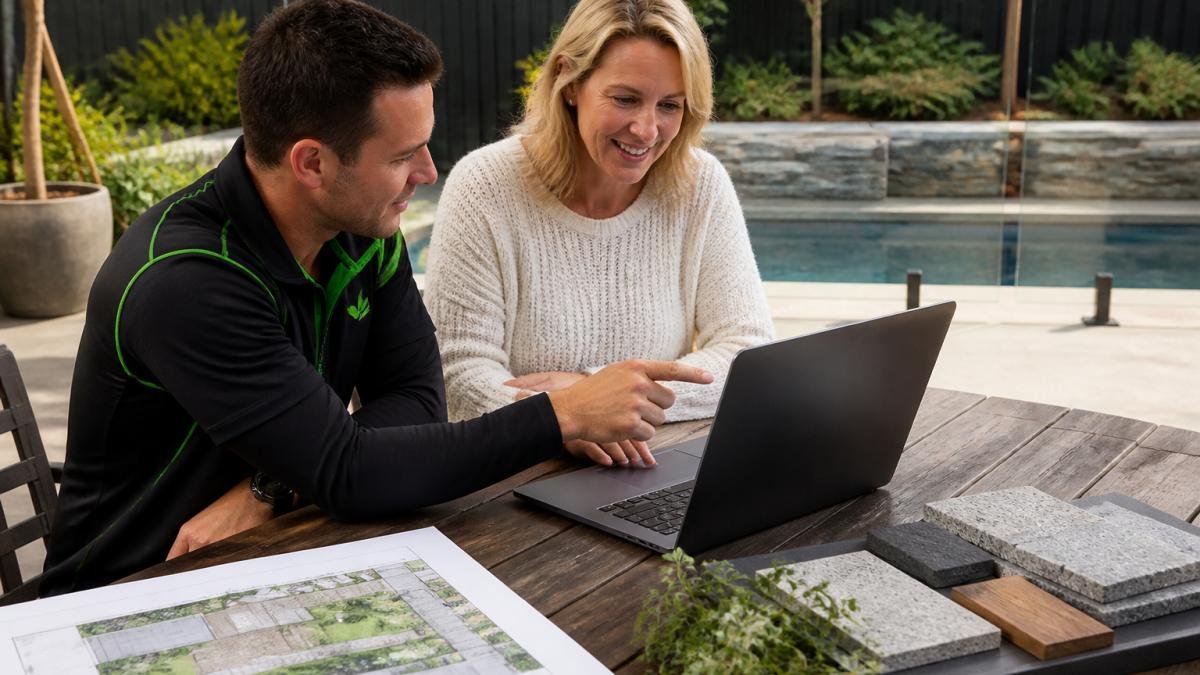 Designer and homeowner reviewing a 3D backyard landscaping plan on a laptop with concept sketches and plant samples