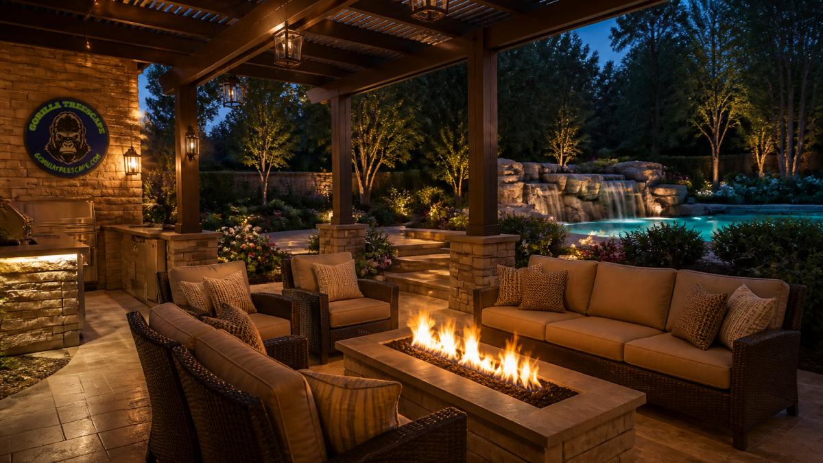 Diagram illustrating a backyard oasis design with defined outdoor rooms, pergola seating, and fire features.