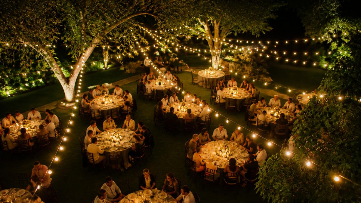 Warm bistro string lights illuminate a wedding dinner with romantic backyard party lighting.