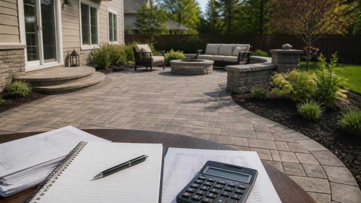 A newly finished paver patio in the backyard of a suburban home, with outdoor furniture and landscaping visible under natural daylight