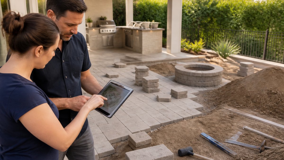 A backyard under construction with a paver patio half-laid, excavated soil piled to one side, a fire pit ring set in place, and a designer and homeowner reviewing plans on a tablet in the foreground under afternoon light