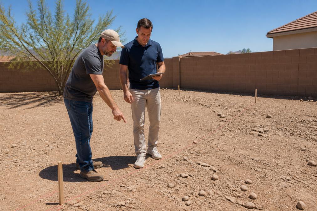 A homeowner standing in their empty dirt backyard holding a tablet while a contractor points at the ground, discussing grading and property lines under bright desert sunlight