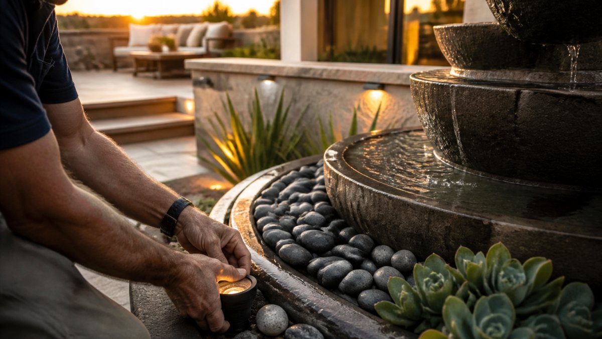 A serene backyard with a stone water fountain as the focal point, surrounded by lush landscaping, architectural finishes, and warm evening lighting showing how water features enhance outdoor aesthetic appeal