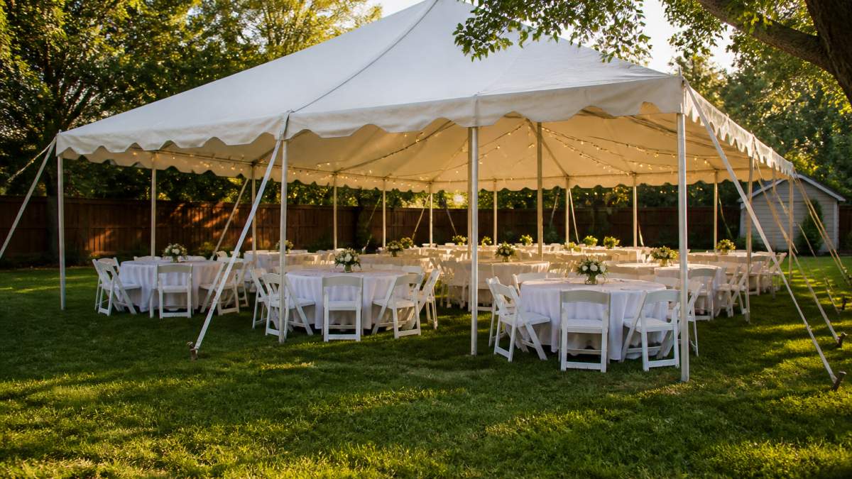 A white frame tent set up on a grassy backyard lawn with rows of round tables and folding chairs underneath, string lights overhead, late afternoon light