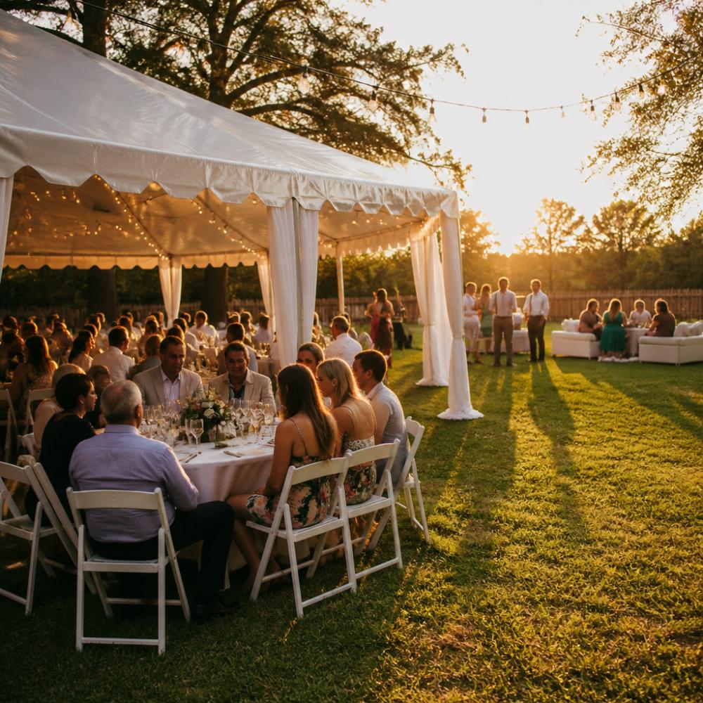 A large white backyard wedding tent with round tables and white chairs set underneath, string lights overhead, and an open lawn area with additional seating visible in the background at golden hour