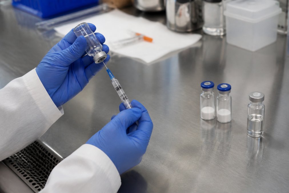 Researcher drawing bacteriostatic water into a syringe from a vial on a stainless steel laboratory bench