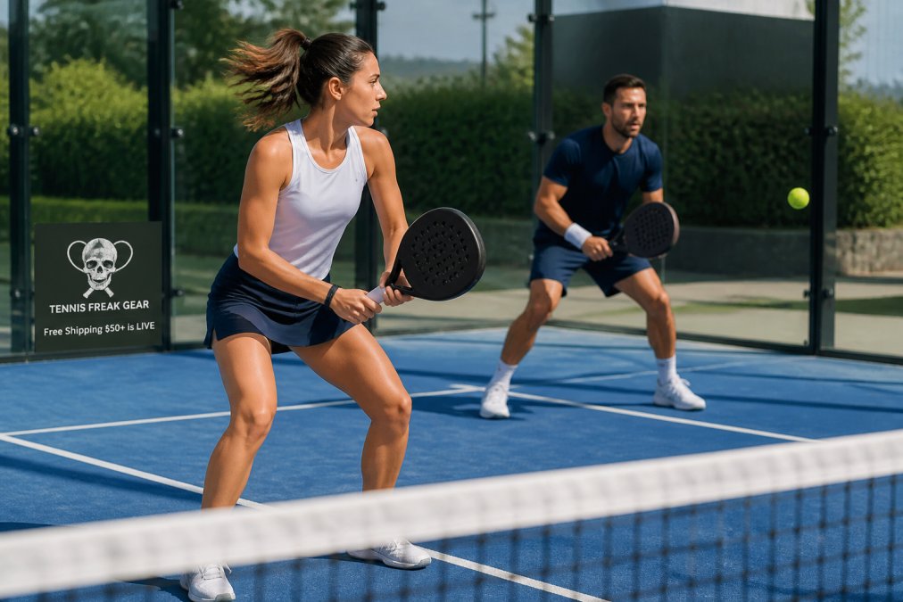 Two players in athletic wear mid-rally on a padel court, one of the best tennis alternatives for active people.