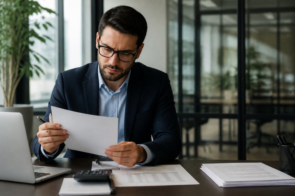 Professional reviewing loan documents and comparison sheets at a desk with a laptop and calculator nearby, natural office lighting