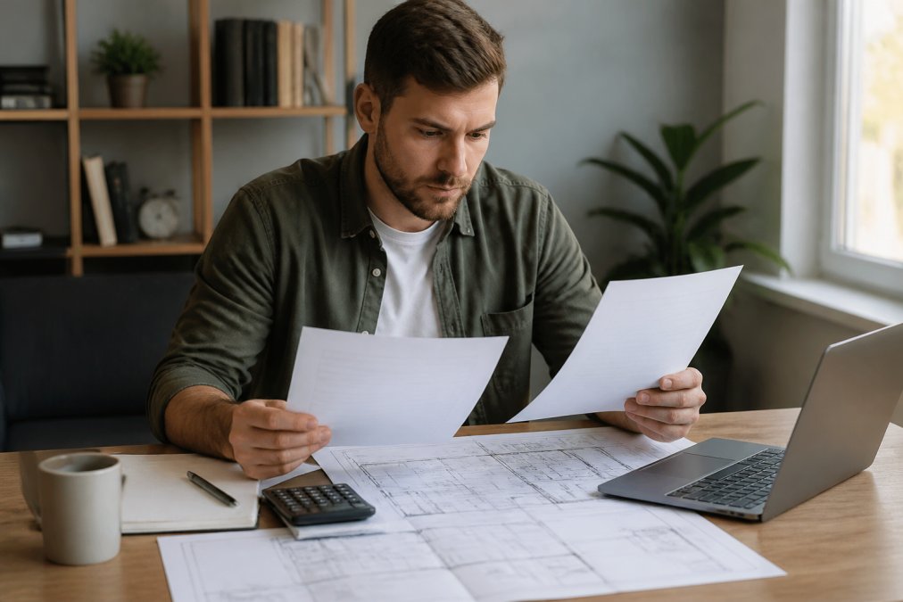 A real estate investor reviewing financial documents and a credit report at a desk with a laptop, calculator, and house blueprints, looking focused and determined in a home office