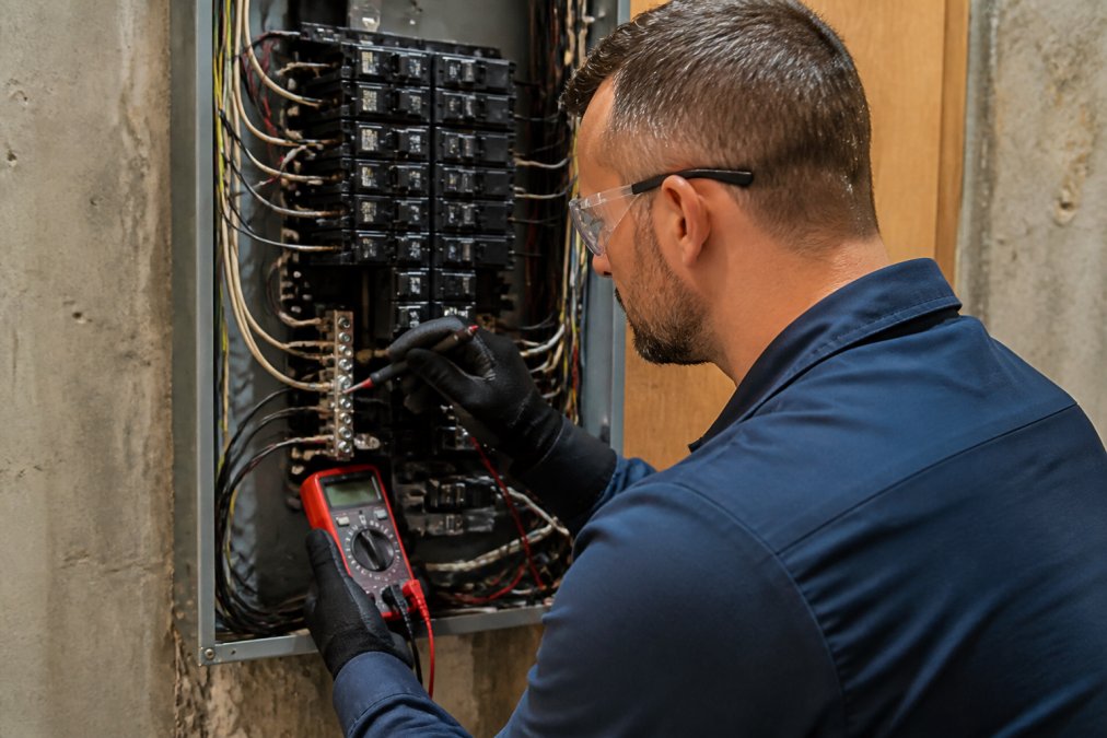 Professional electrician with multimeter inspecting connections inside residential electrical panel, examining neutral connections closely with focused lighting