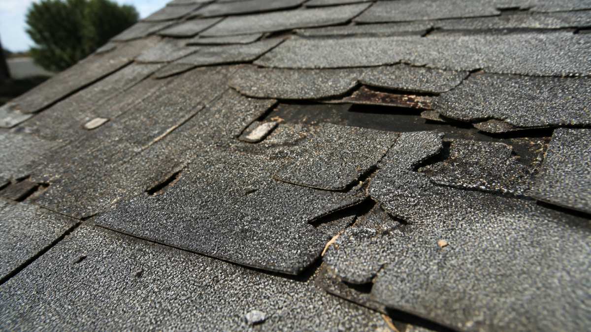 Close-up of deteriorated roof shingles with visible gaps, missing pieces, and weathered dark granules on aged asphalt shingles in natural daylight