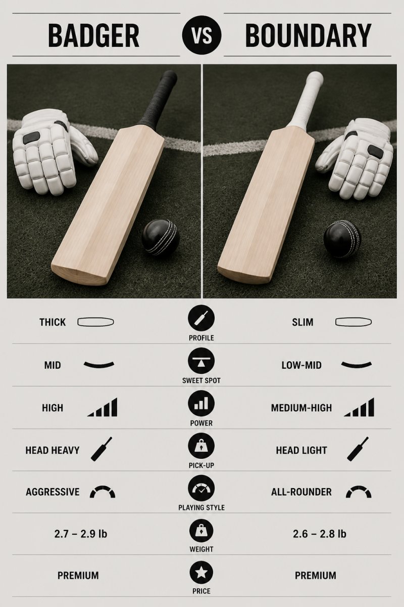 Two cricket bats lying side by side on a green pitch, showing different blade profiles and handle grips, with a cricket ball and batting gloves nearby in natural daylight