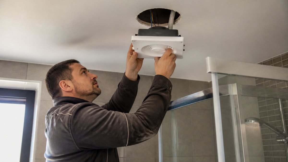 Vakman installeert een badkamerventilator in het plafond om de badkamer ventilatie te verbeteren tijdens een renovatie.