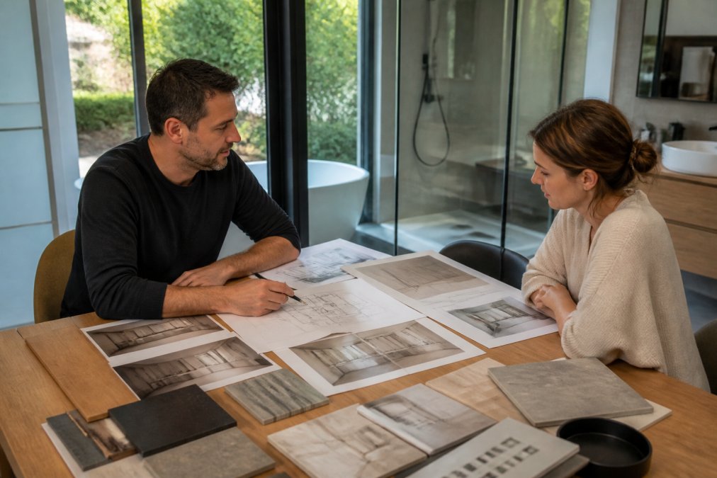 Ontwerper en klant bespreken badkamerrenovatieplannen aan tafel met schetsen, materiaalmonsters en 3D-visualisaties in kantoor met natuurlijk licht