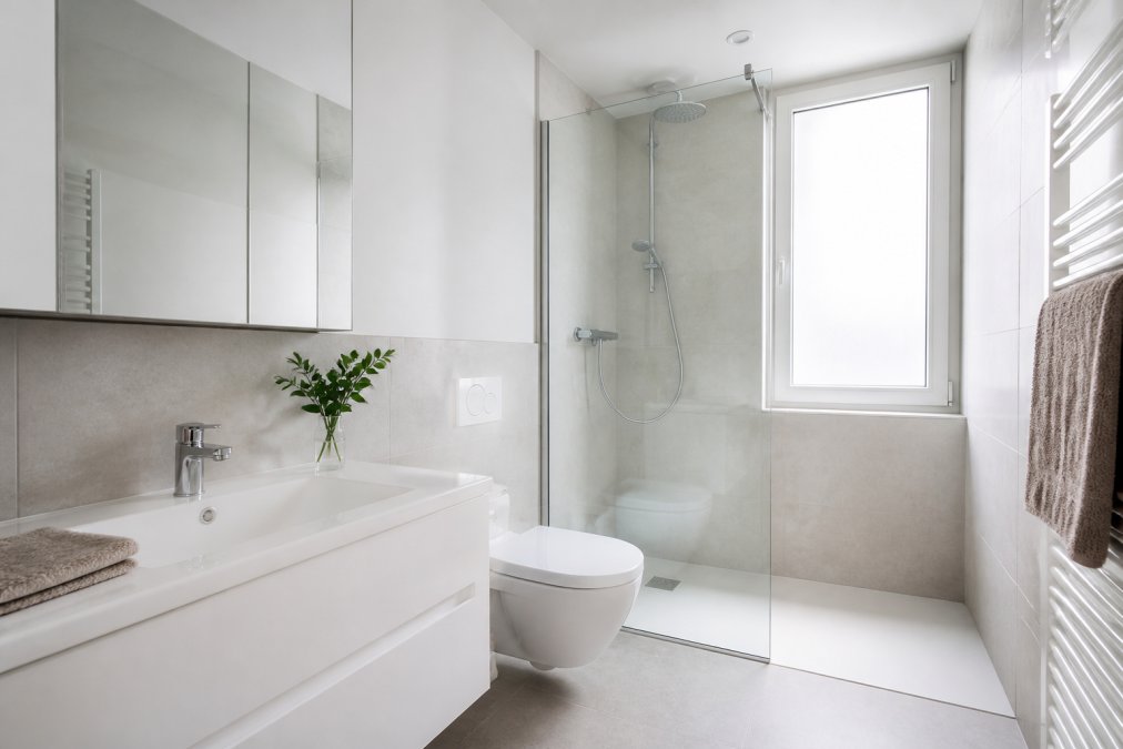 Moderne, compact ingerichte badkamer met inloopdouche, spiegels die de ruimte vergroten, minimalistisch wit design en efficiënte indelingen in een kleine ruimte met natuurlijk licht