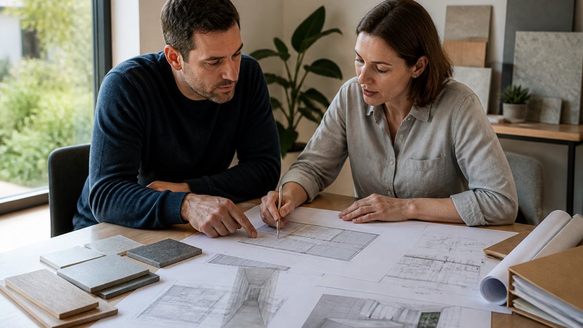 Huiseigenaar bespreekt bouwplannen met architect voor de badkamerrenovatie vergunning bij natuurlijk daglicht.