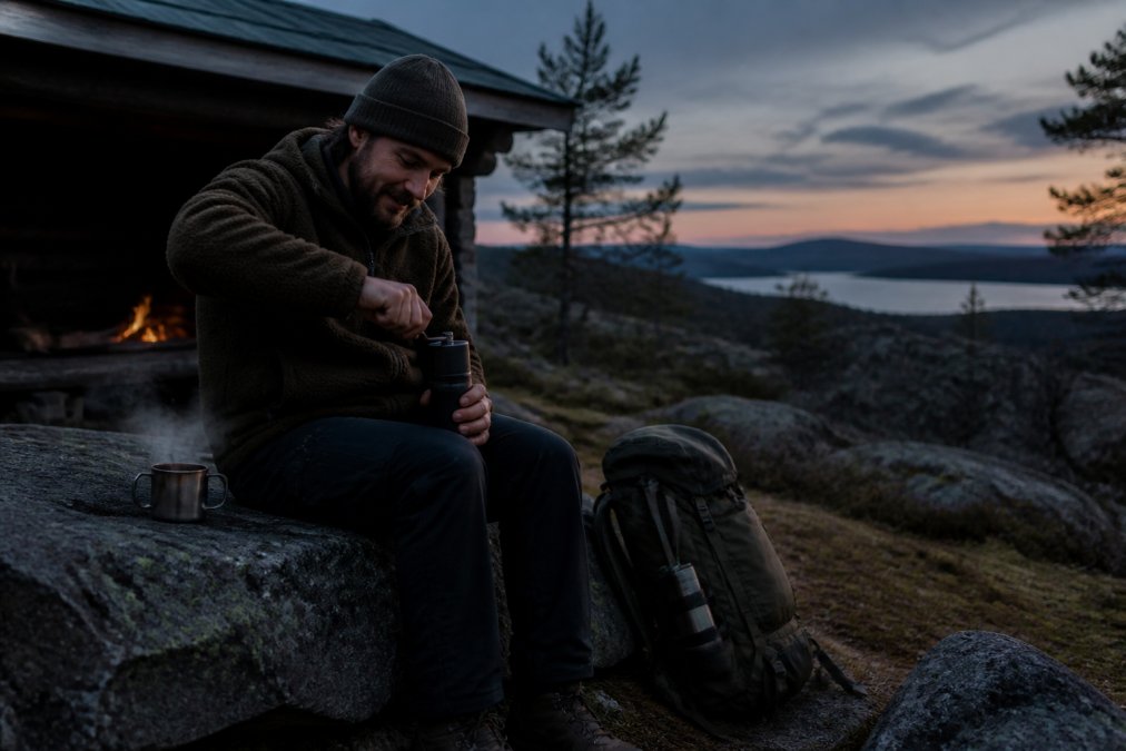 Vandrer kværner kaffebønner med en bærbar kaffekværn ved et shelter i skumringen med en dampende kop kaffe.