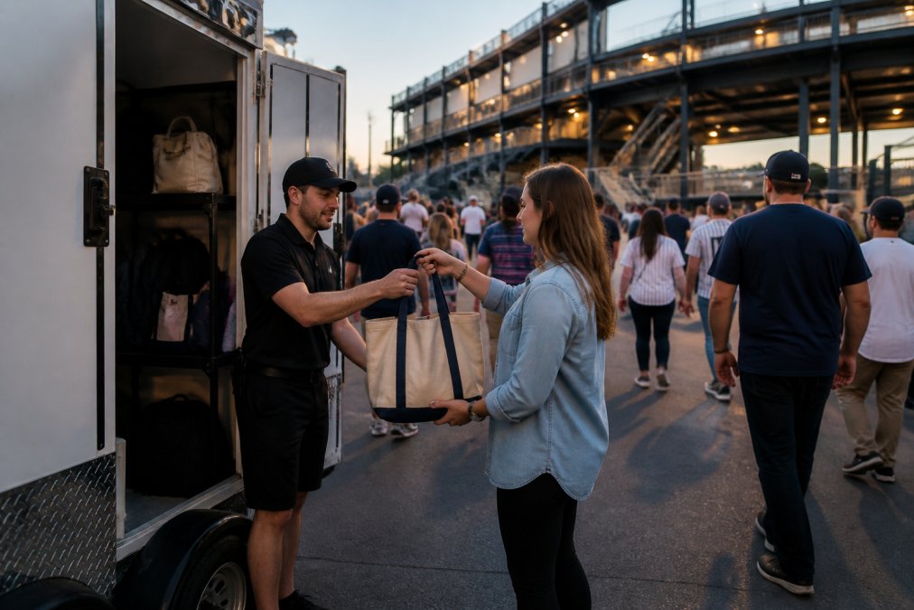 A fan handing an oversized tote bag to a worker at a mobile locker truck outside a stadium gate, evening light, crowd walking past toward the entrance