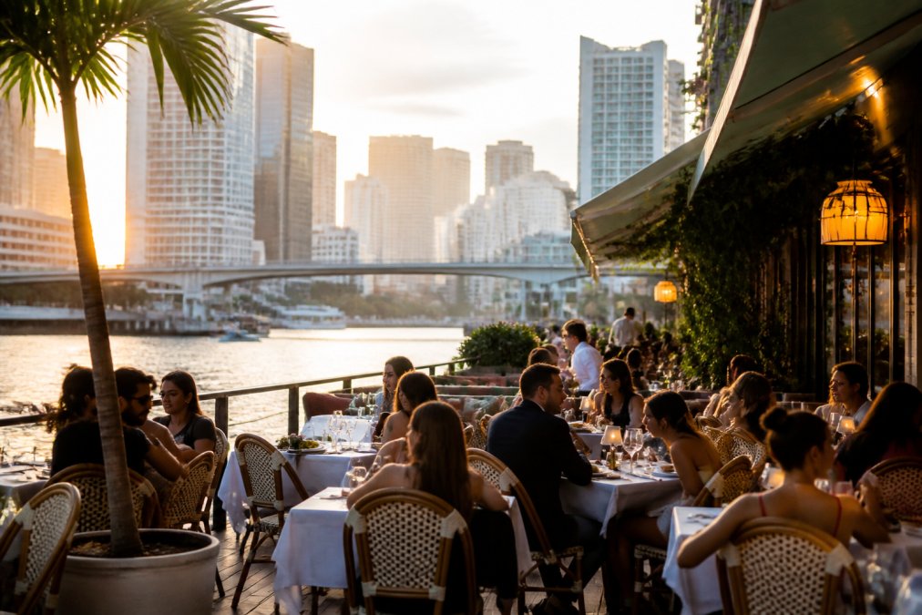 Guests dining at a chic waterfront restaurant with a riverfront terrace, skyline views, and elegant outdoor seating under warm evening light