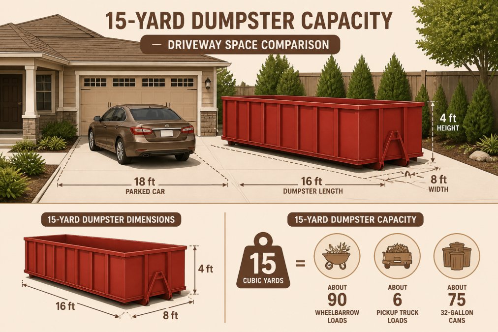Residential driveway with a 15-yard roll-off dumpster positioned on the side, showing how much space it occupies compared to a parked car and nearby landscaping