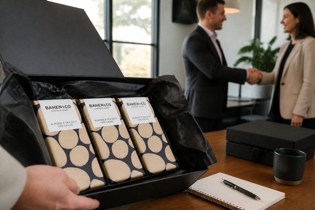 A branded corporate gift box open to reveal carefully arranged Bahen and Co chocolate bars nestled inside premium tissue, with a professional office setting and client handshake visible in the soft-focused background