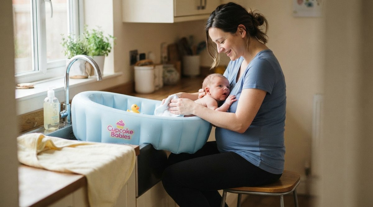 Mère assise confortablement sur un tabouret bas, baignant son bébé dans une baignoire gonflable compacte posée sur l'évier de la cuisine, dos droit et bébé près du corps, lumière naturelle douce venant d'une fenêtre