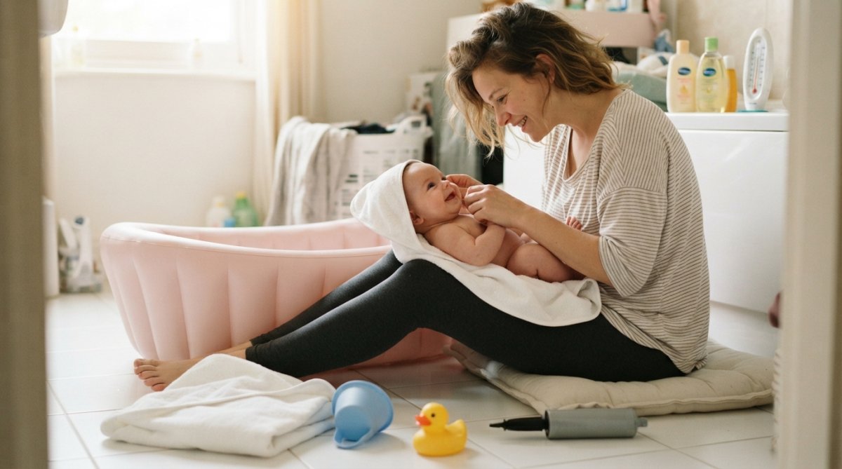 Gros plan sur une baignoire gonflable compacte rose pâle entourée d'accessoires : cape de bain en coton blanc, bonnet de shampooing bleu, jouet en forme de canard jaune, et gonfleur manuel, tous disposés sur une surface blanche propre avec lumière naturelle douce