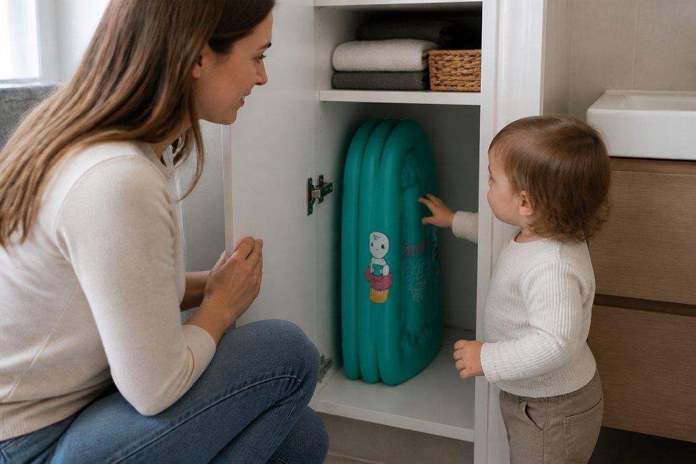 Baignoire bébé durable gonflable et pliée, rangée verticalement dans un placard étroit pour optimiser l'espace d'une petite