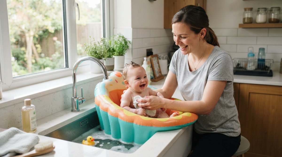 Parent souriant baignant son nourrisson dans une baignoire bébé ergonomique gonflable installée au sein d'un évier de