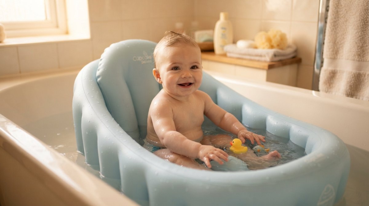 Bébé détendu dans une baignoire bébé ergonomique aux parois enveloppantes, avec la tête bien soutenue et les bras libres.