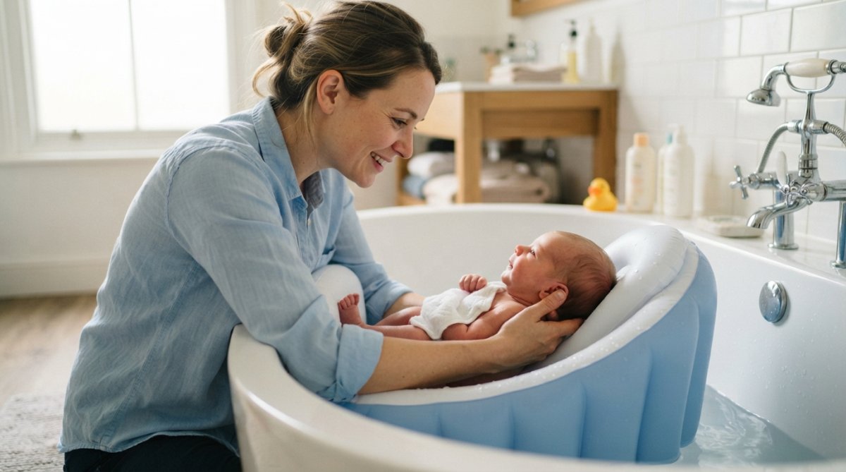 Parent tenant délicatement un nouveau-né dans une baignoire ergonomique gonflable, montrant la position correcte du soutien dorsal et de la tête du bébé, dans une salle de bain lumineuse