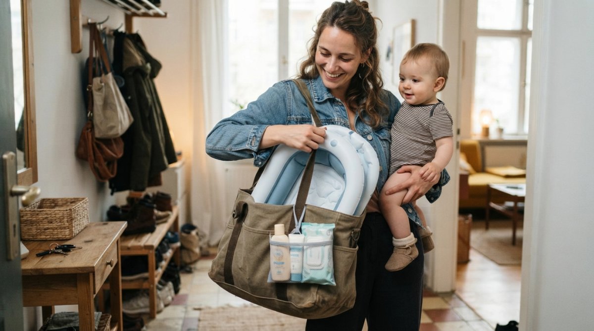 Baignoire gonflable compacte rangée dans un sac de voyage à côté de produits de toilette pour bébé, illustrant la portabilité et le gain de place