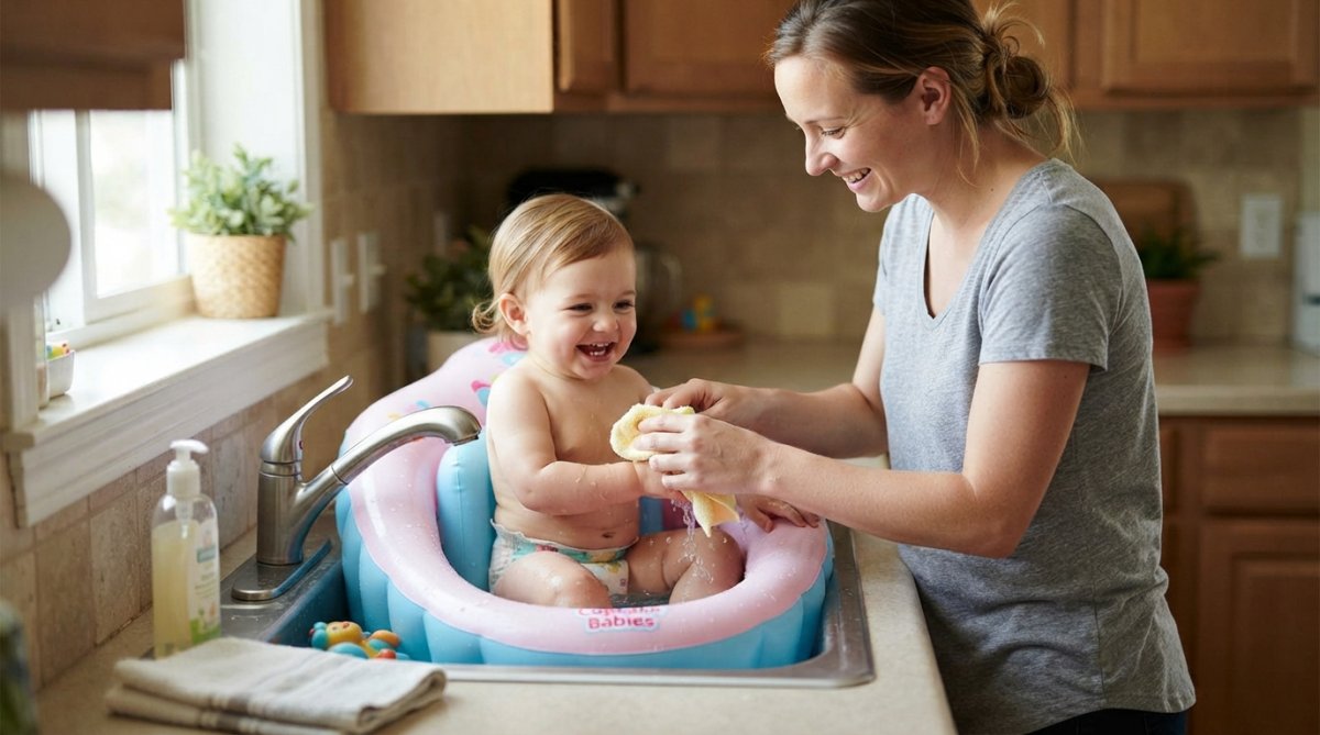 Parent utilisant une baignoire gonflable Cupcake Babies dans un évier standard, adopting a comfortable upright posture with integrated support, montrant la facilité d'utilisation et le confort ergonomique