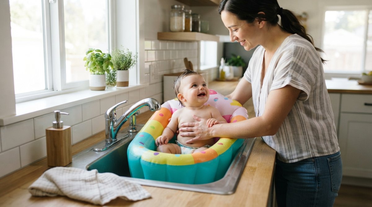 Un parent place une baignoire bébé gonflable pour évier dans une cuisine moderne avec un bébé qui sourit à l'intérieur.