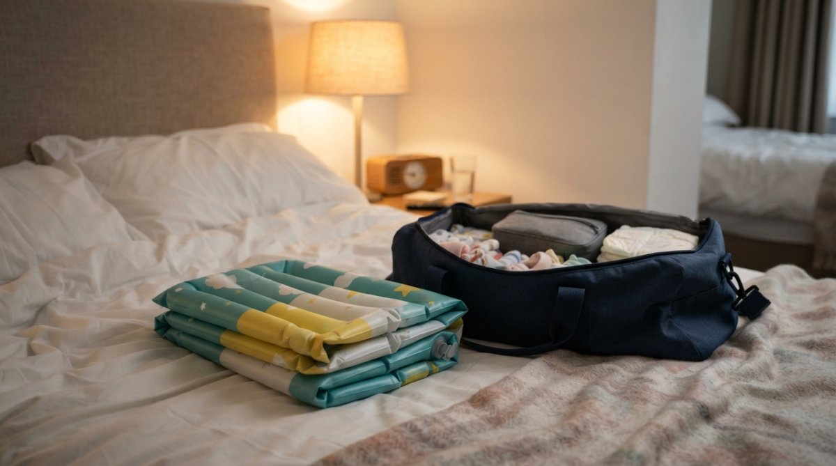 Baignoire bébé gonflable pour évier pliée et rangée à côté d'un sac de voyage ouvert sur un lit dans une chambre d'hôtel.