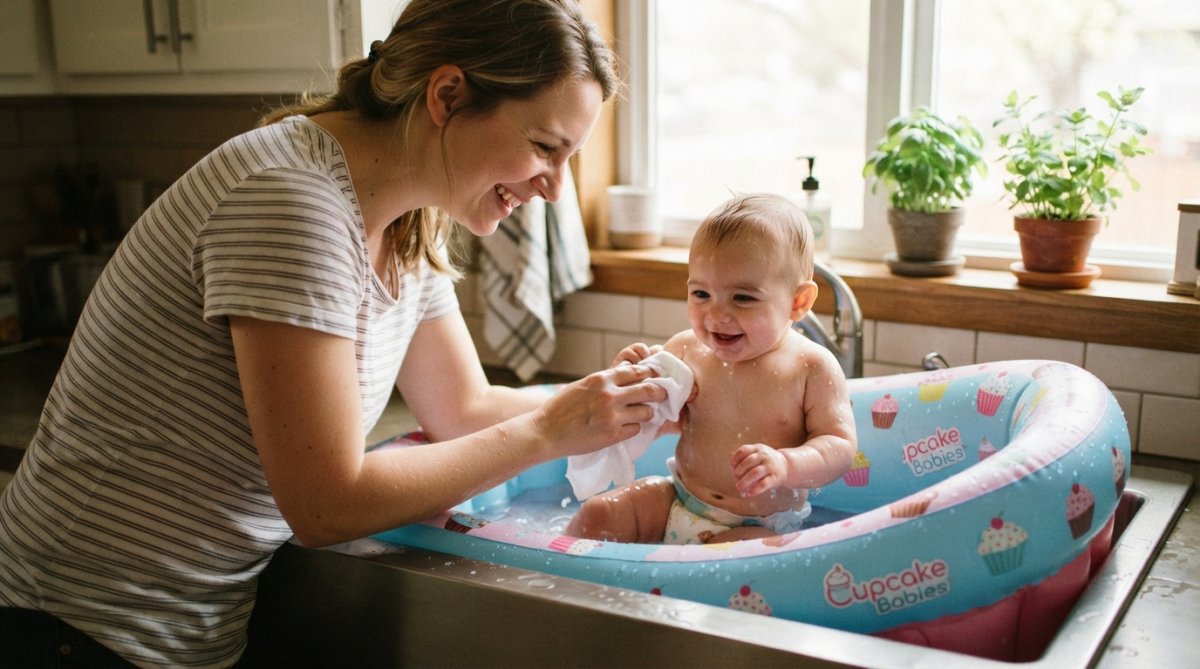 Parent souriant baignant un nourrisson dans une baignoire gonflable colorée posée dans un évier de cuisine, lumière naturelle douce filtrant par une fenêtre, ambiance chaleureuse et intimiste à la maison